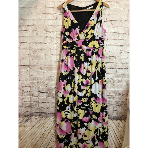 Old Navy Maxi Dress Womens 12 Black Pink Watercolor Floral Full Length Flowy Zip - Picture 1 of 16